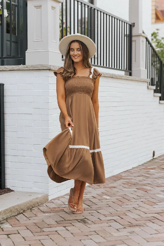 Brown Contrast Flutter Sleeve Midi Dress