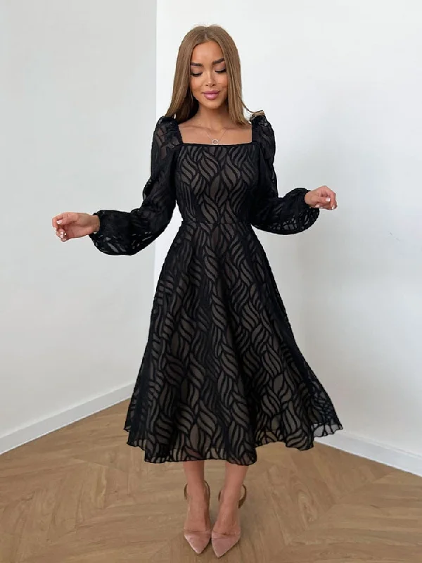 BerriesJam - Lantern Sleeve Jacquard Black A-Line Dress