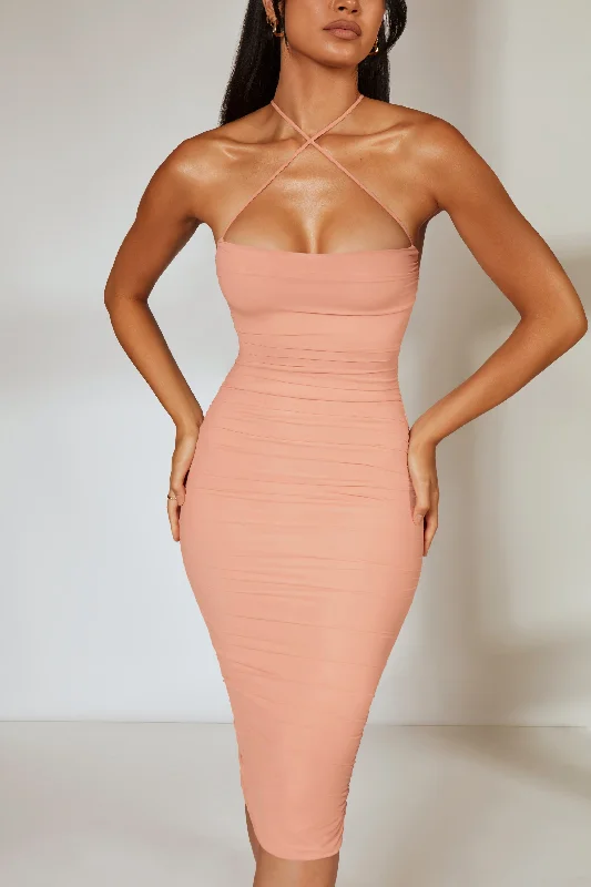 Low Back Ruched Midi Dress in Blush