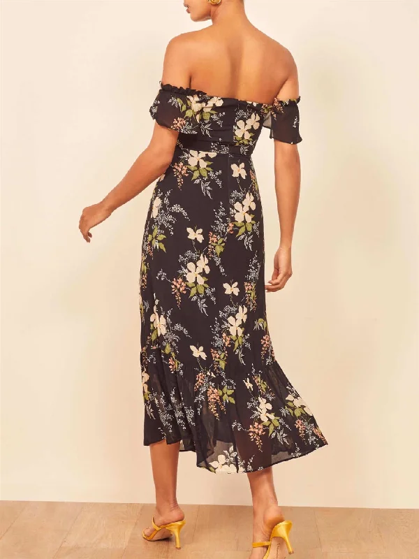 Off Shoulder Frill Midi Dress In Black Floral