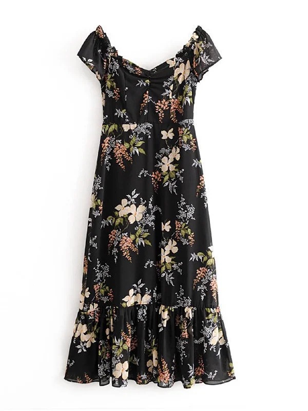 Off Shoulder Frill Midi Dress In Black Floral