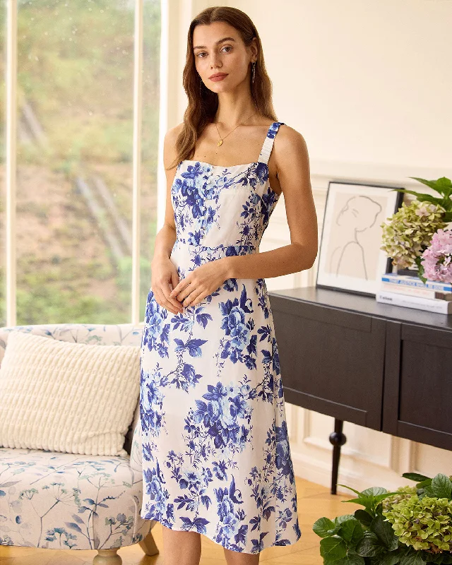 The Blue Elasticized Shoulder Straps Floral Midi Dress