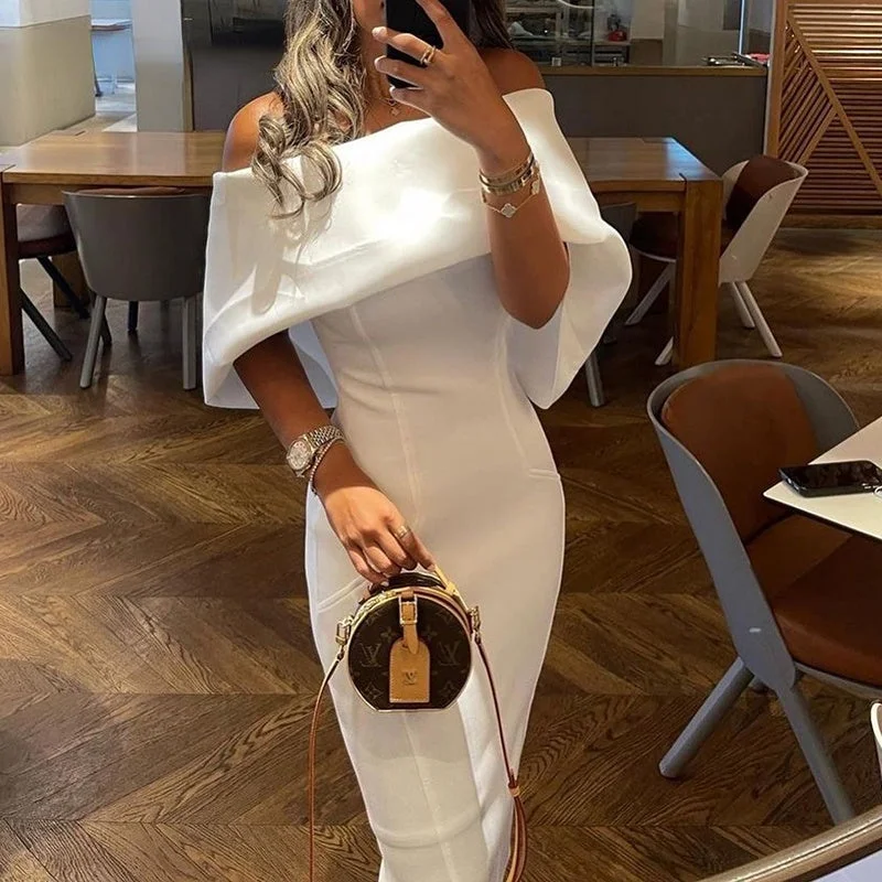 Amy Fashion - Solid Elegant Off Shoulder Midi Bodycon Formal White Dress