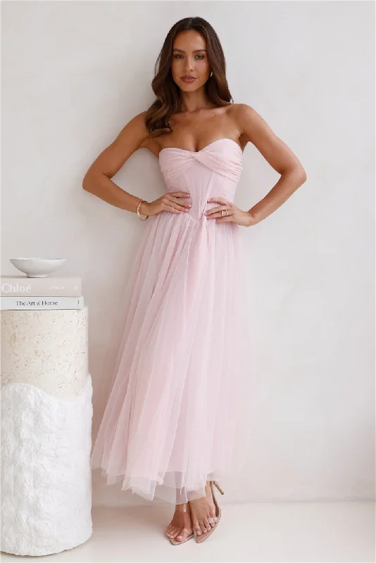 Worthy Of Diamonds Strapless Tulle Midi Dress Pink