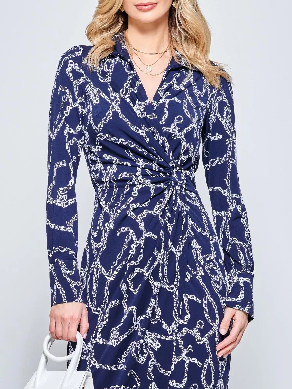 Wrap Twist Detail Midi Shirt Dress, Navy Pattern