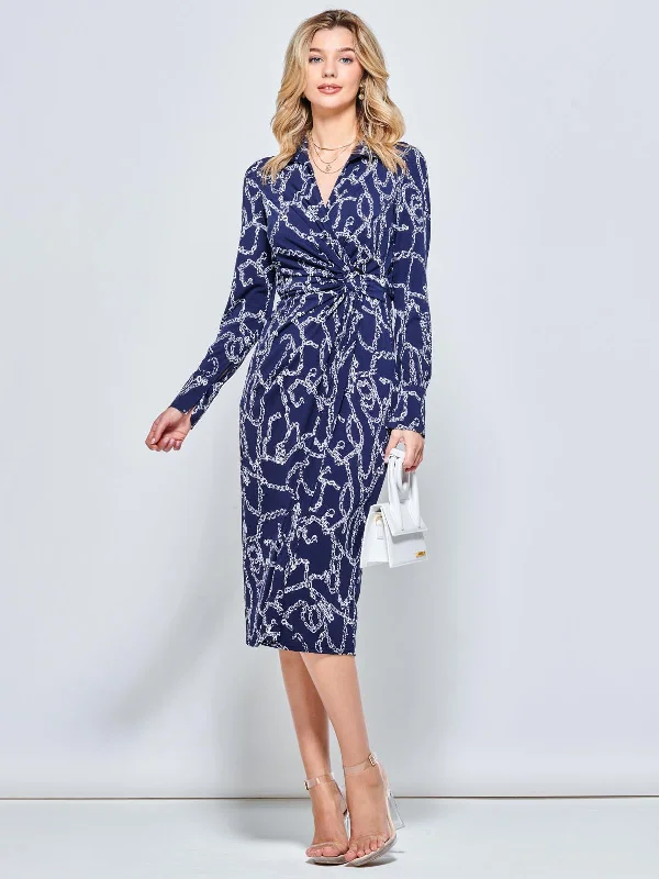 Wrap Twist Detail Midi Shirt Dress, Navy Pattern