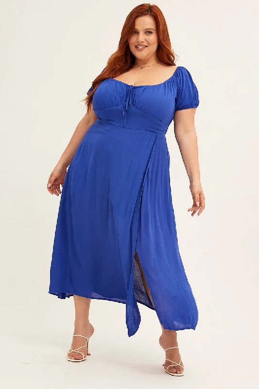 Azure Midi Dress Puff Sleeve With Split Crinkle Rayon