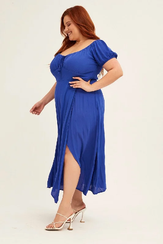 Azure Midi Dress Puff Sleeve With Split Crinkle Rayon