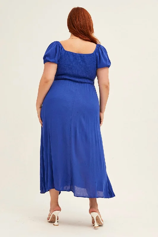 Azure Midi Dress Puff Sleeve With Split Crinkle Rayon