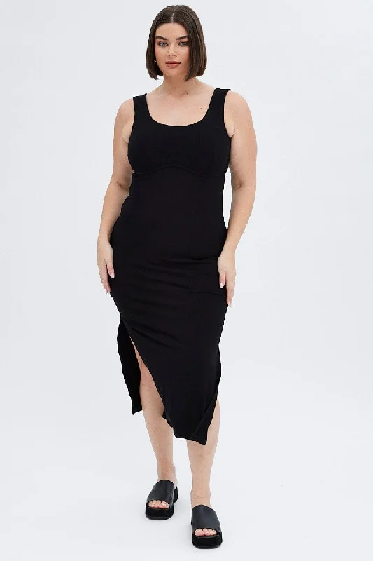 Black Bodycon Dress Rib Jersey Sleeveless Midi