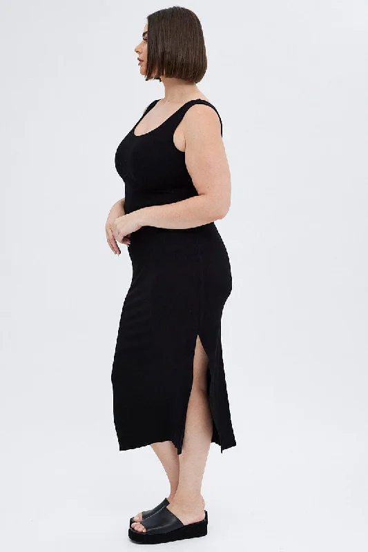 Black Bodycon Dress Rib Jersey Sleeveless Midi