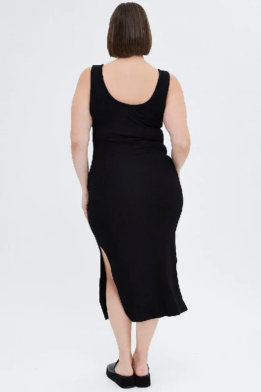 Black Bodycon Dress Rib Jersey Sleeveless Midi