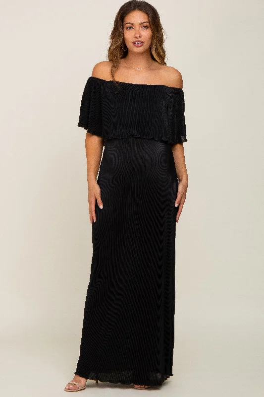 Black Pleated Ruffle Off Shoulder Maternity Maxi Dress