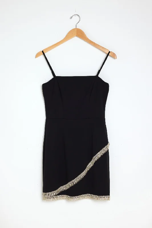 Black Square Neck Fringe Dress