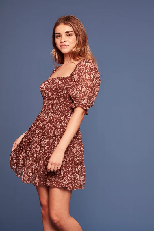 Brown Ruched Waist Tier Dress