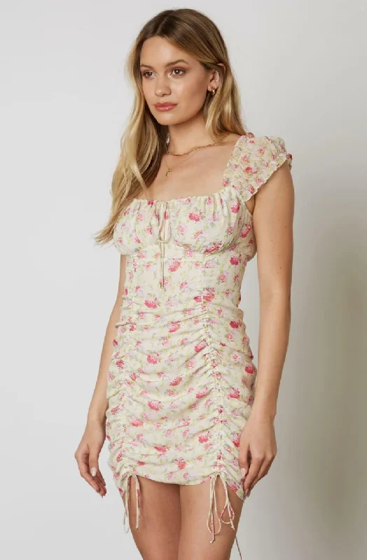 Early Spring Cream Floral Ruched Drawstring Bodycon Dress