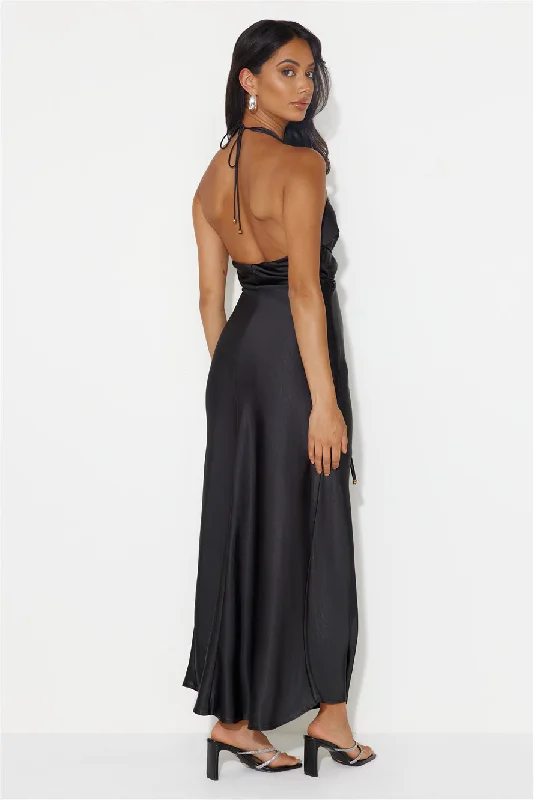 Endless City Halter Satin Maxi Dress Black