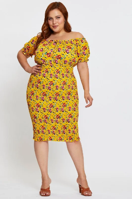 Floral Print Bodycon Dress Off Shoulder Short Sleeve