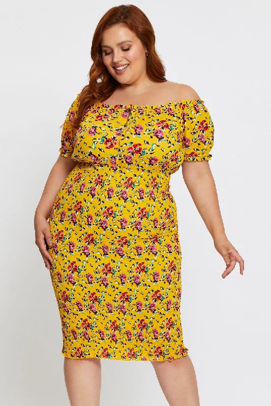 Floral Print Bodycon Dress Off Shoulder Short Sleeve