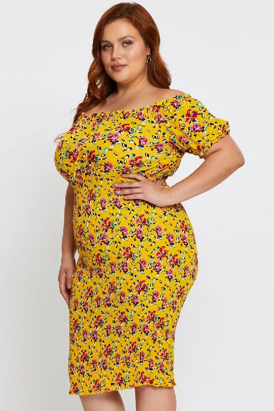 Floral Print Bodycon Dress Off Shoulder Short Sleeve