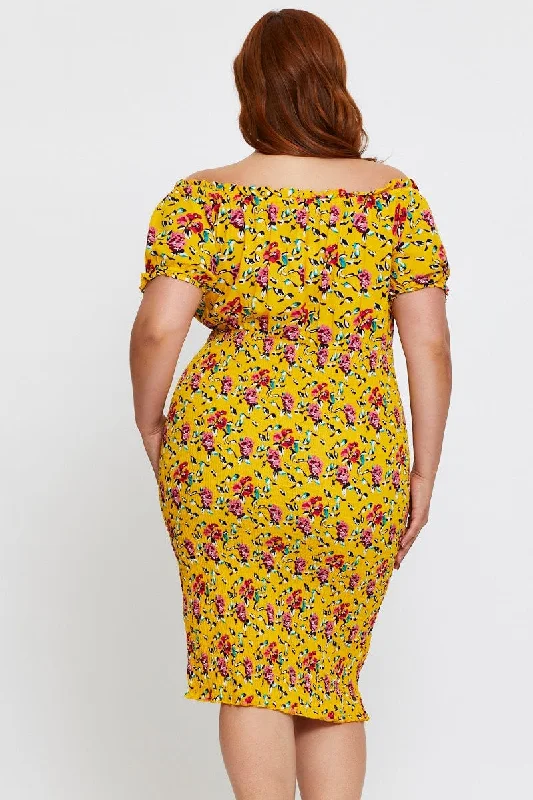 Floral Print Bodycon Dress Off Shoulder Short Sleeve