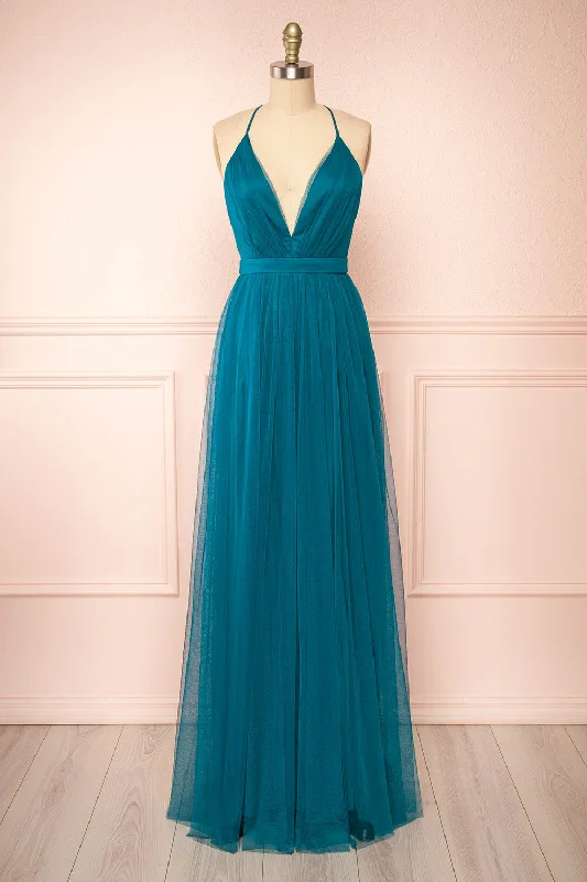 Ilaria Teal | Tulle Gown with Plunging Neckline