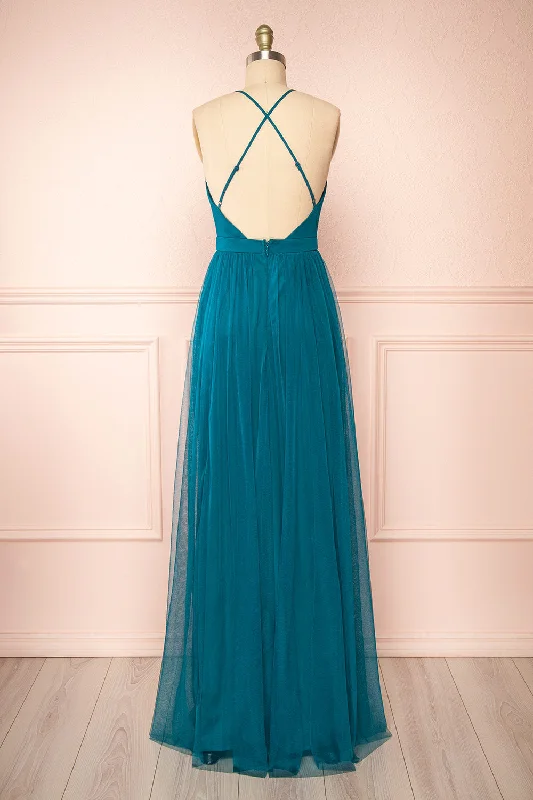 Ilaria Teal | Tulle Gown with Plunging Neckline