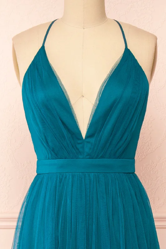 Ilaria Teal | Tulle Gown with Plunging Neckline