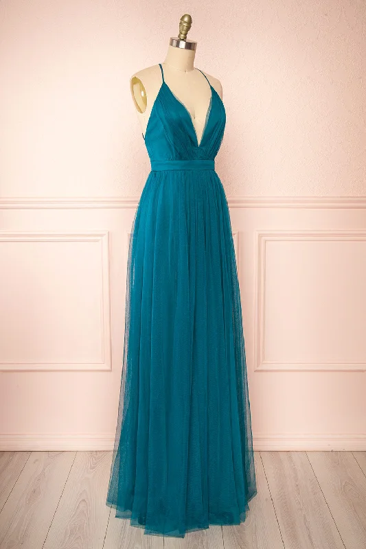 Ilaria Teal | Tulle Gown with Plunging Neckline