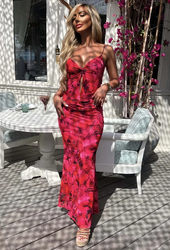 Island Sunset Pink Vivid Print Backless Cami Maxi Dress