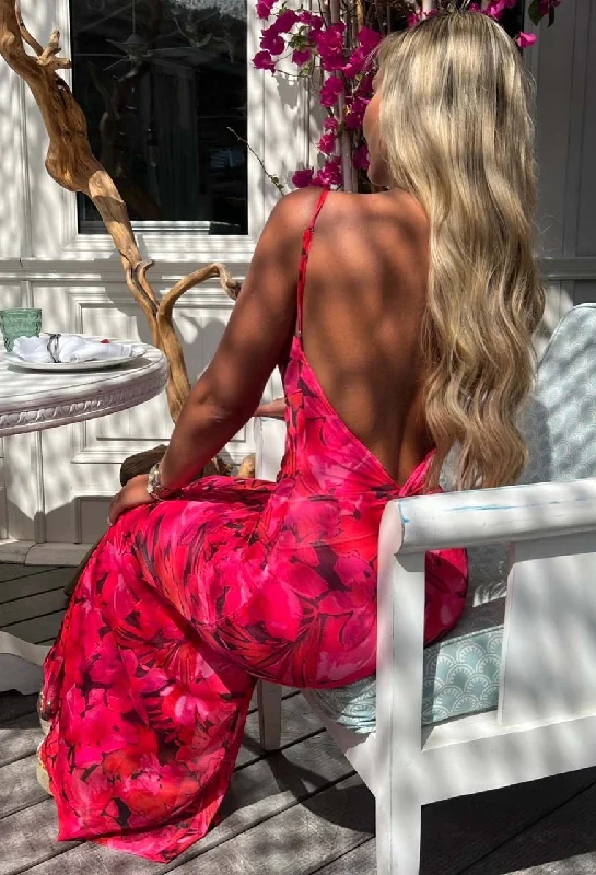 Island Sunset Pink Vivid Print Backless Cami Maxi Dress