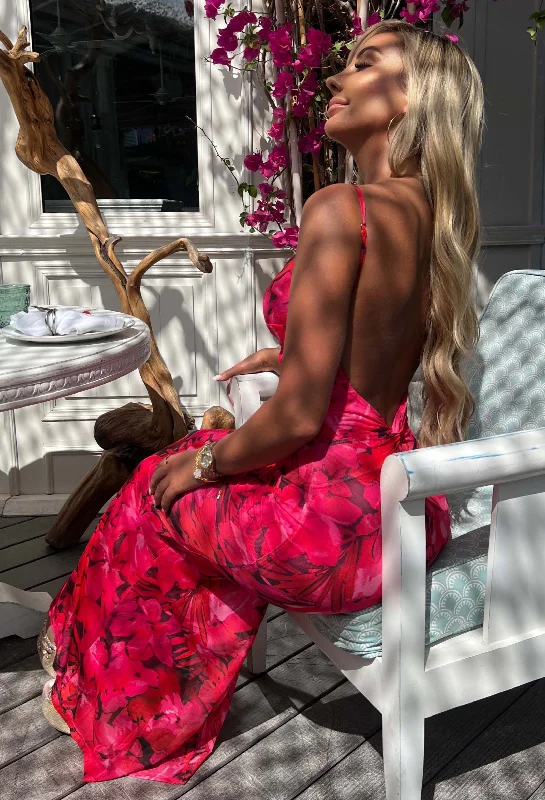 Island Sunset Pink Vivid Print Backless Cami Maxi Dress