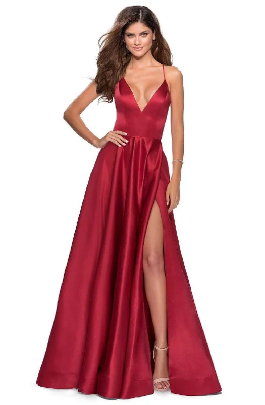 La Femme - 28628 Deep V-neck Satin Junior Prom Gown