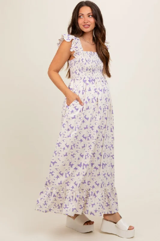 Lavender Floral Print Smocked Ruffle Sleeve Maternity Maxi Dress