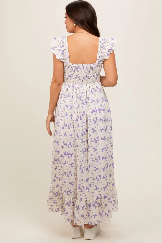 Lavender Floral Print Smocked Ruffle Sleeve Maternity Maxi Dress