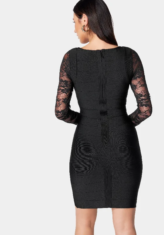 Long Sleeve Lace & Bandage Dress