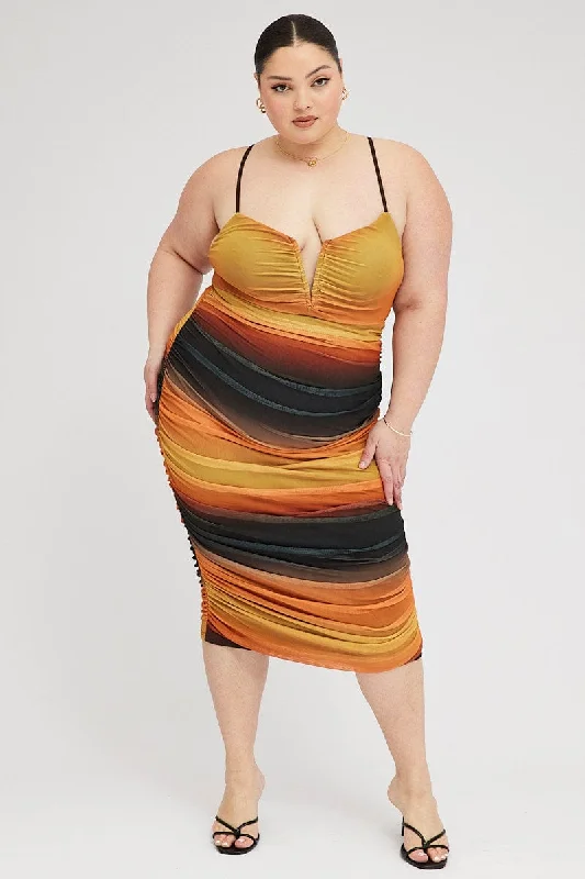 Multi Abstract Bodycon Dress Mesh Ruched Sunset Print Strappy