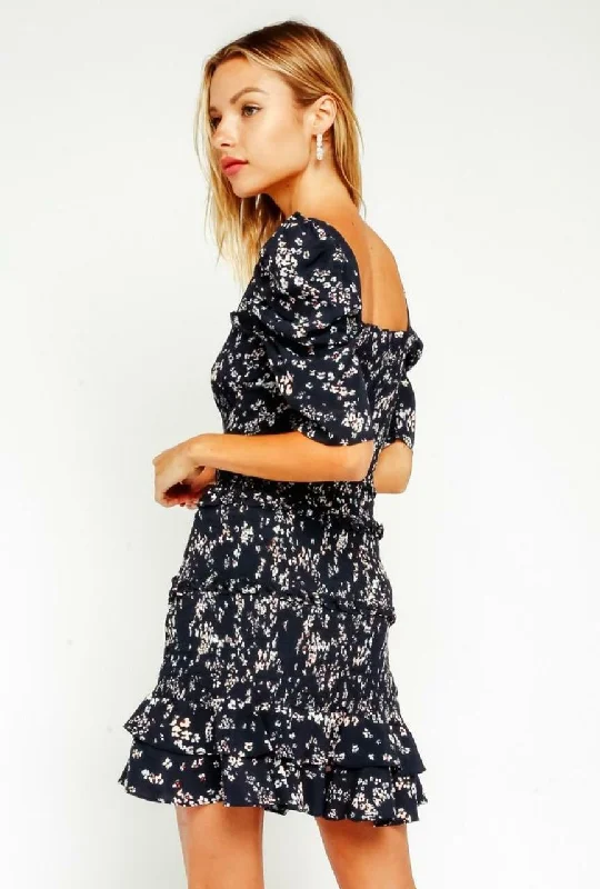 Naomi Navy Floral Smocked Puff Sleeve Mini Dress