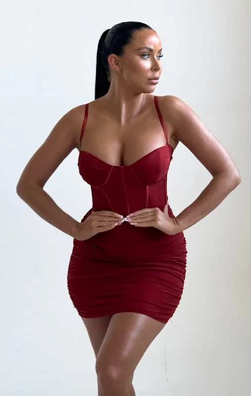 Rust Mesh Ruched Corset Strappy Bodycon Mini Dress - Penny