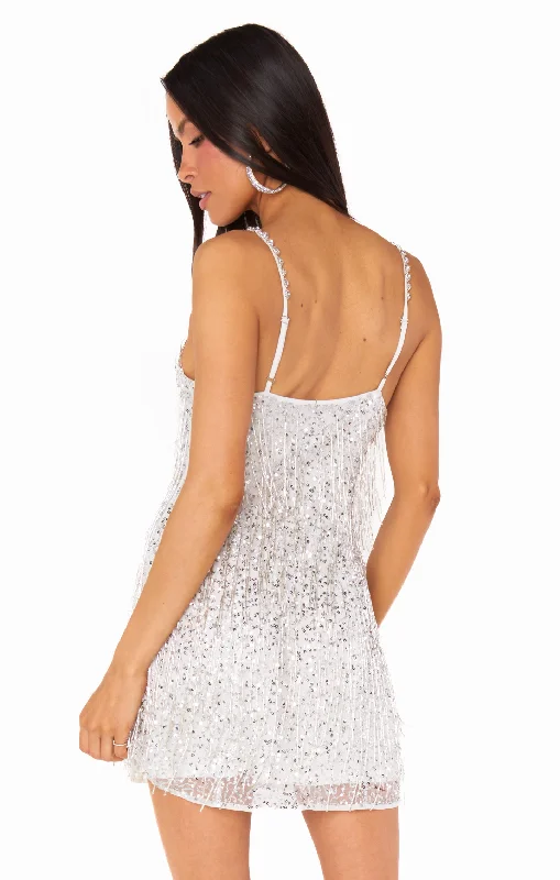 Sparks Fly Mini Dress ~ Silver Beaded Fringe