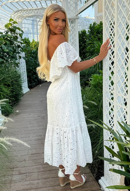 Summer Affair White Bardot Broderie Anglaise Maxi Dress