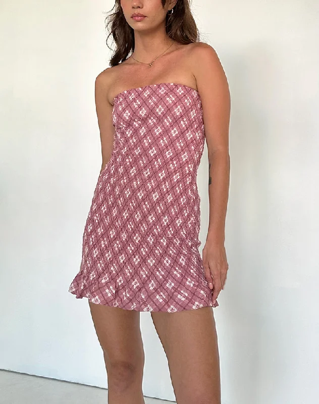 Takiyo Bandeau Mini Dress in Pink Tartan