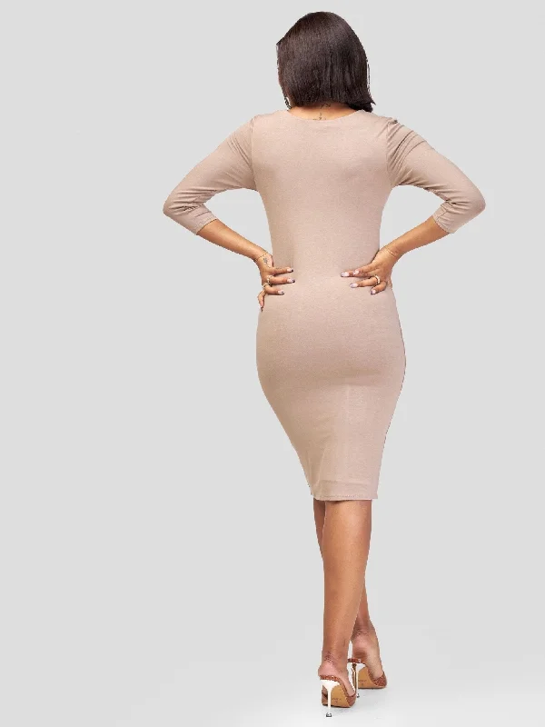 Vivo Basic 3/4 Sleeve Cowl Double Layered Bodycon - Taupe