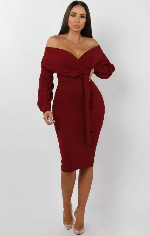 Wine Belted Bodycon Midi Wrap Dress  - Angelica