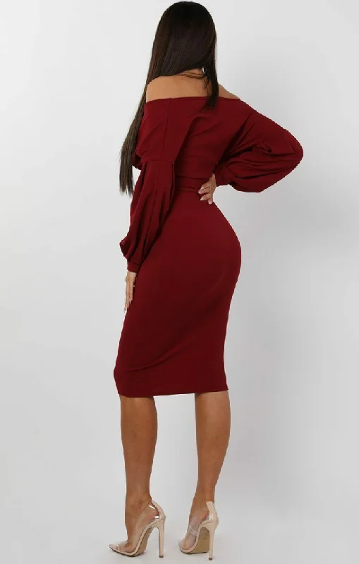 Wine Belted Bodycon Midi Wrap Dress  - Angelica