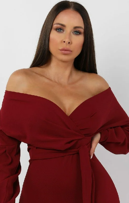 Wine Belted Bodycon Midi Wrap Dress  - Angelica