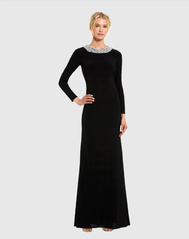 Jersey Long Sleeve Fitted Gown With Beaded Neck