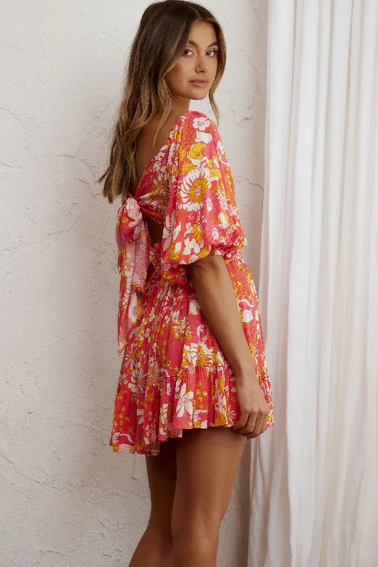 Abby Off-Shoulder Tie-Up Back Dress Retro Floral Orange