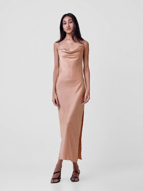 Anika Long Satin Double Strap Dress - Tan