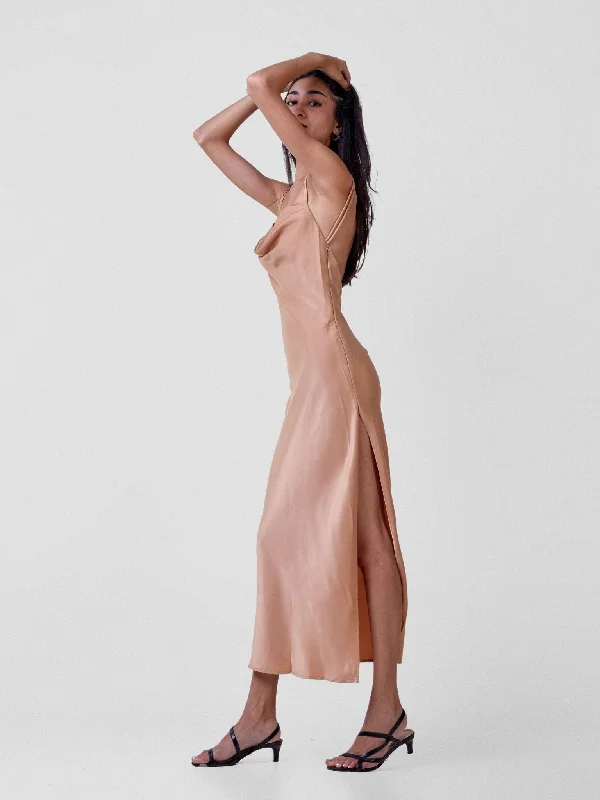 Anika Long Satin Double Strap Dress - Tan